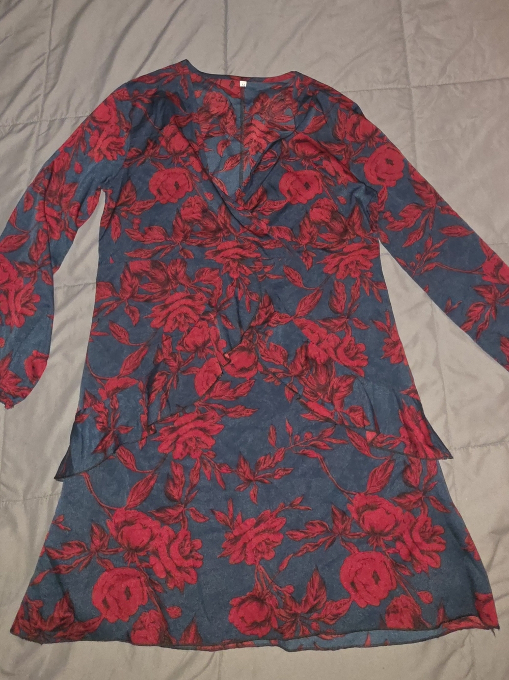 Blue & Red Floral V-Neck Women's Dress